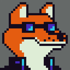 Fototapeta premium Pixel art fox, animal in glasses character 8-bit, 80-s, avatar, anthropomorphic face, cartoon vector icon, game user, web profile persons, people, social net portrait. 