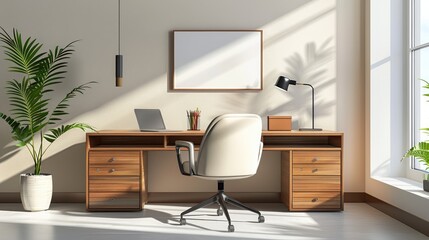 3D model of a modern home office with a desk and chair, isolated on a white background.