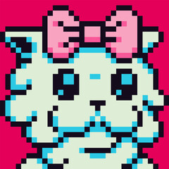 Fototapeta premium Pixel art cute cat character 8-bit, kitten, 80-s, social net avatar, pet face, cartoon vector icon, game user, web profile persons, people, minimalistic style. Non-fungible token.
