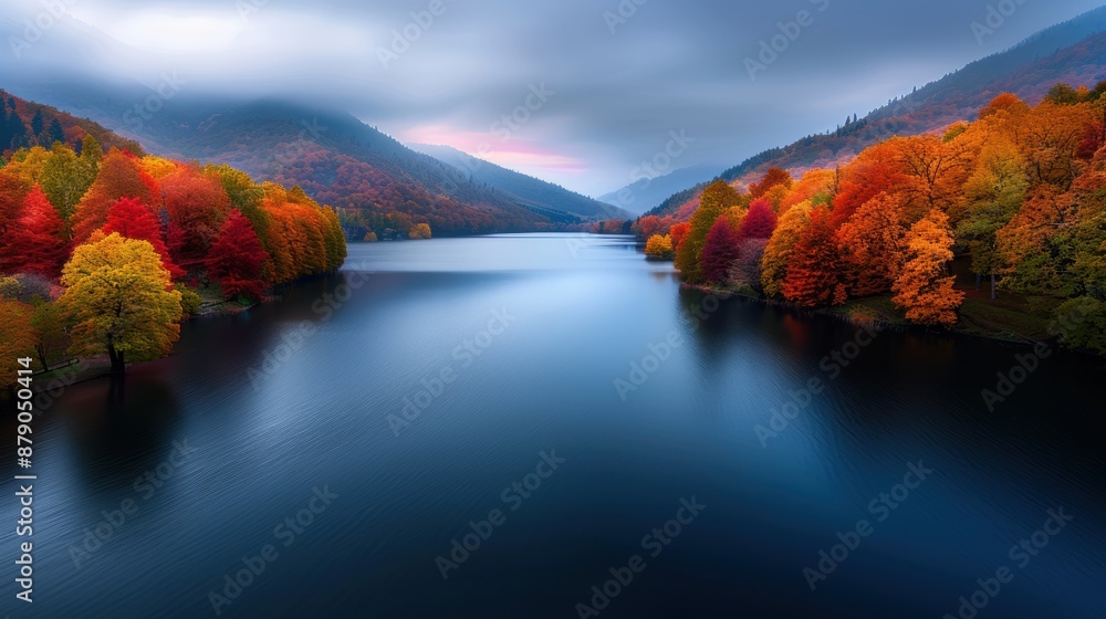 Poster a beautiful lake surrounded by trees with a blue sky in the background. the trees are full of autumn
