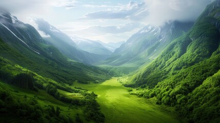 A mountain range with a green valley in between. The valley is lush and green, with trees and grass covering the entire area. The sky is clear and blue, with a few clouds scattered throughout