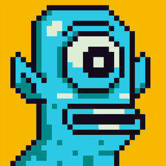 Pixel art character one-eyed creature 8-bit,  man, 80-s, avatar, guy face, cartoon vector icon, game user, web profile persons, social net portrait,  minimalistic style. 
