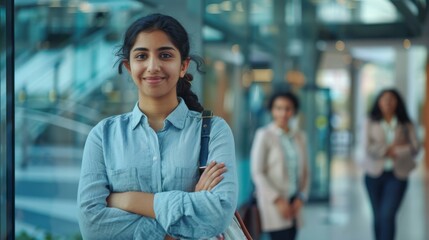 Obraz premium Portrait of a confident young woman standing in a modern office space. AI.