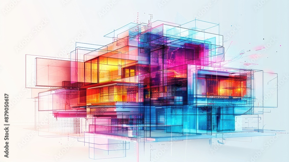 Aufkleber sketch of a 3d architectural model with geometric shapes and lines, depicting a digital building rep