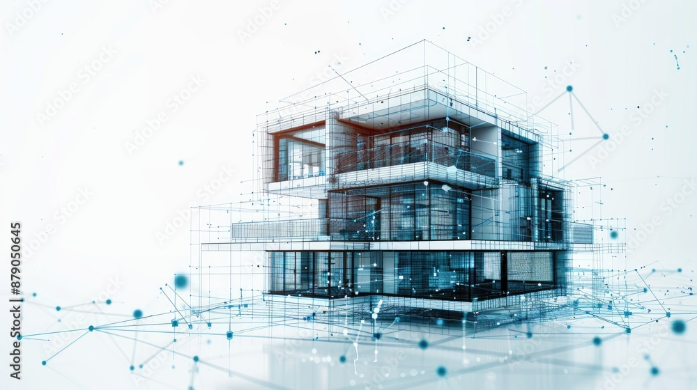 Poster sketch of a 3d architectural model with geometric shapes and lines, depicting a digital building rep