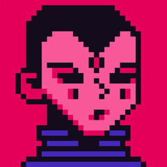 Obraz premium Pixel art man, strange male character 8-bit, 80-s, alien avatar, guy face, NFT, cartoon vector icon, game user, web profile persons, people, social net portrait. Non-fungible token.