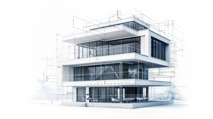 Sketch of a 3D architectural model with geometric shapes and lines, depicting a digital building representation, on a white background.