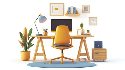 Icon 3D digital representation of a modern home office with a standing desk and monitor, on a white background.