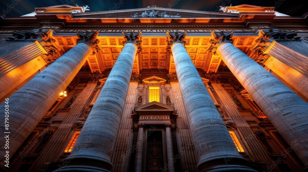 Poster the building is lit up with orange lights, giving it a warm and inviting atmosphere. the columns are
