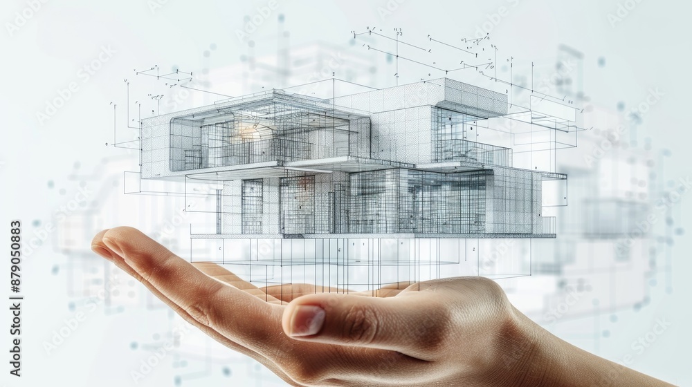 Aufkleber hand holding a 3d digital model sketch of a structure, symbolizing 3d modeling in architecture, on a