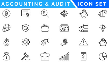 Accounting and audit icon set. Taxes and accounting line icons collection. Check and audit line icons collection. Containing financial statement, accountant, financial audit. Vector illustration
