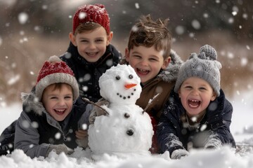 Four children are playing in the snow, one of them holding a snowman. They are all smiling and having a good time