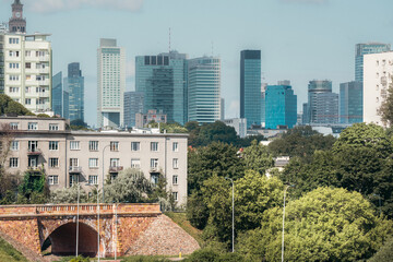 Citscape. Warsaw skyline. Modern architecture city park. Eco space fresh air.