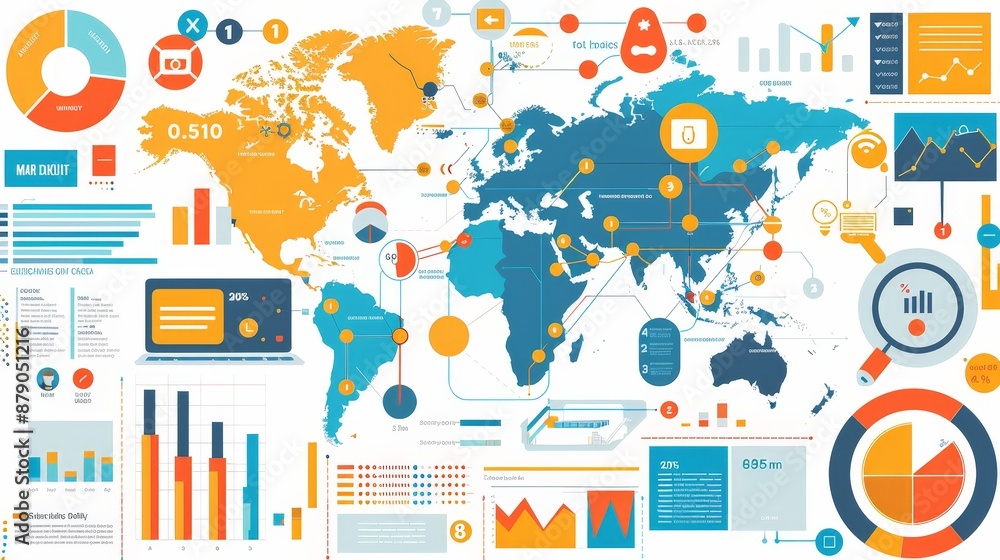 Poster an infographic displaying key data statistics about global internet usage, with charts, graphs, and 