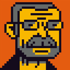 Obraz premium Pixel art man, male character 8-bit, 80-s, avatar, guy face with mustache, cartoon vector icon, game user, web profile persons, people, social net portrait. 