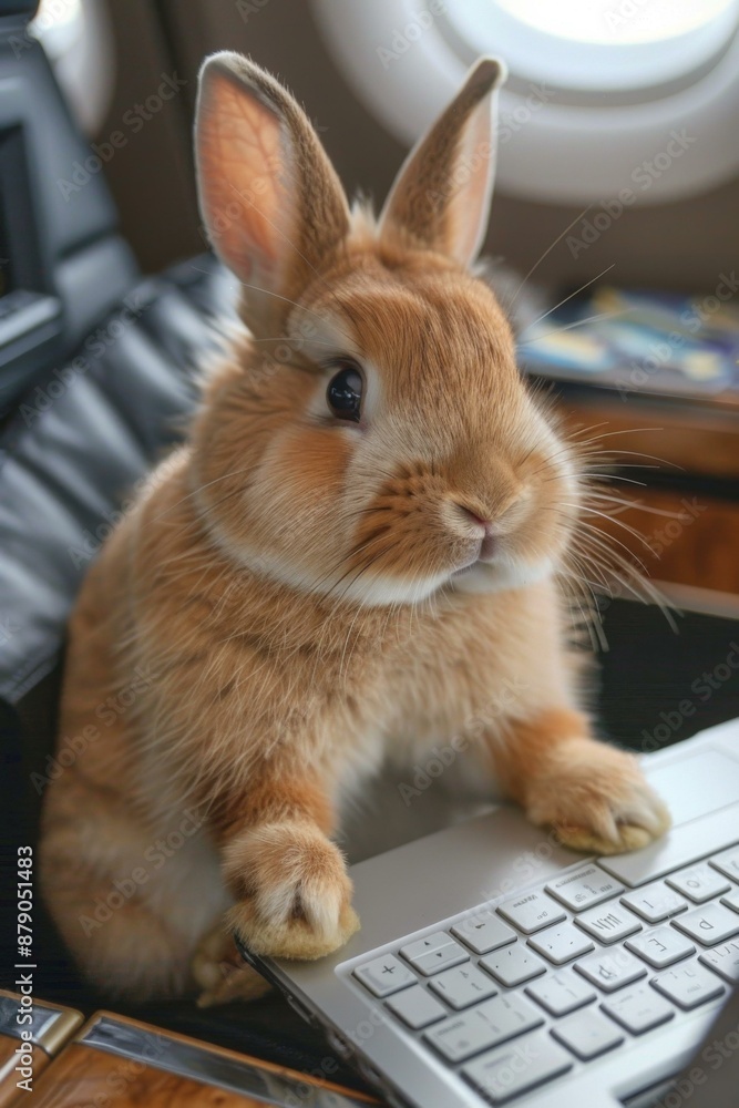 Poster a rabbit sitting on a chair with its paws up and holding onto the keyboard of an airplane computer. 