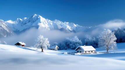 Fototapeta premium A snowy mountain range with houses in the distance. The houses are small and appear to be made of wood. The sky is clear and blue, and the snow-covered ground gives the scene a peaceful