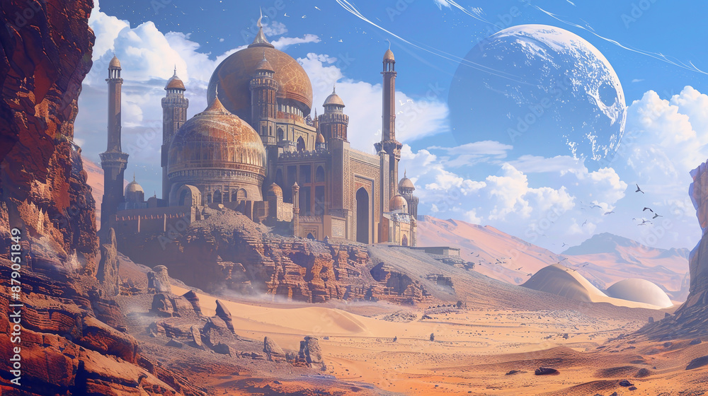 Poster a desert scene with a large building in the background