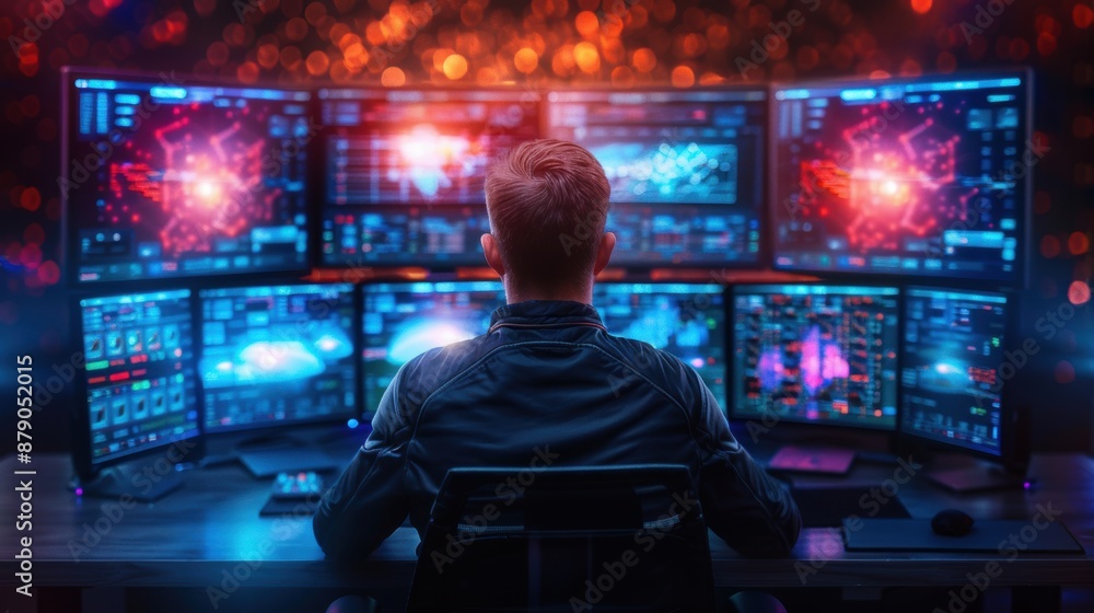 Poster a man is sitting in front of a computer monitor with a black jacket on. he is looking at the screen 