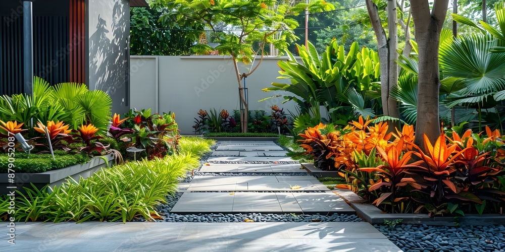 Poster blending architecture with nature a minimalist garden displaying colorful plants and greenery. conce