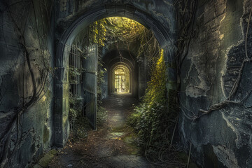 Fototapeta premium A dark, narrow tunnel with vines growing on the walls