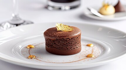 High-end dessert, a delicate chocolate souffle with gold leaf garnish, served on an elegant plate with a sophisticated backdrop