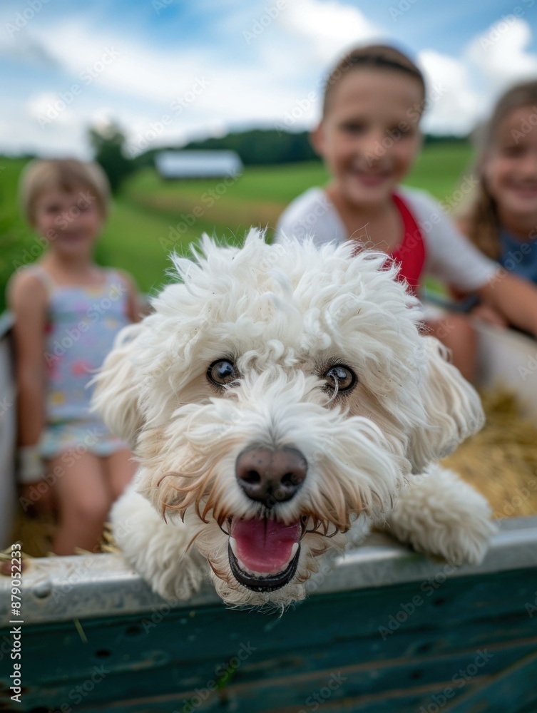 Sticker A cute white dog looking at the camera while three children play in the background. AI.