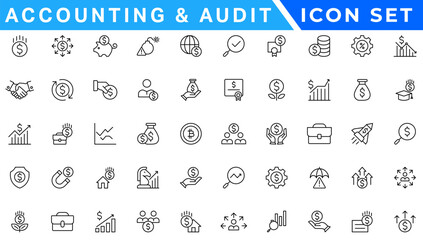Accounting and audit icon set. Taxes and accounting line icons collection. Check and audit line icons collection. Containing financial statement, accountant, financial audit. Vector illustration
