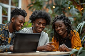 Fototapeta premium Three young friends are sitting around a table in a cafe, looking at something on a laptop. AI.