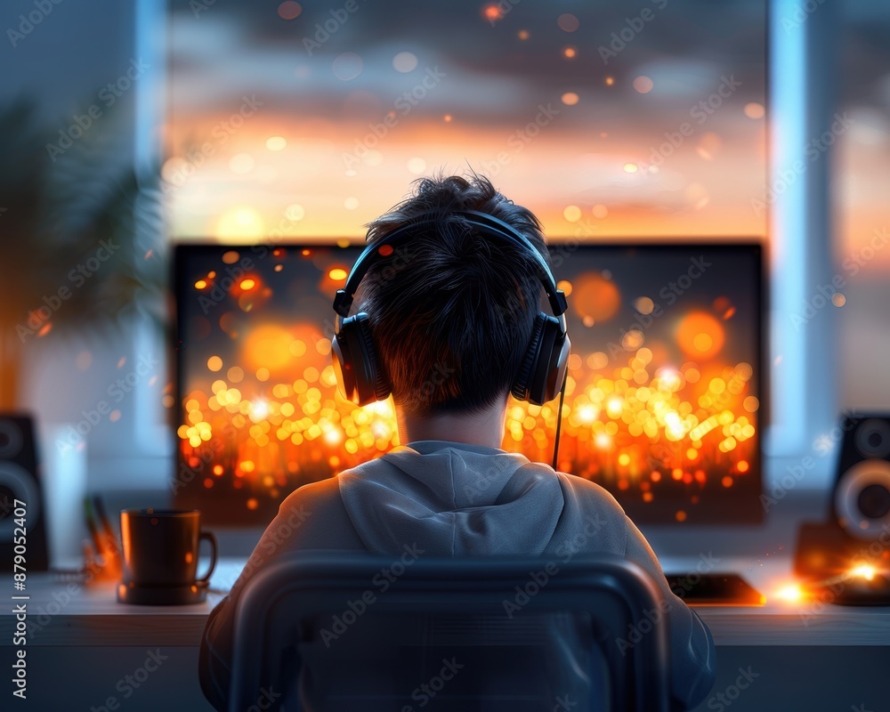 Poster a young man is sitting in front of a computer monitor with headphones on. he is watching a video gam