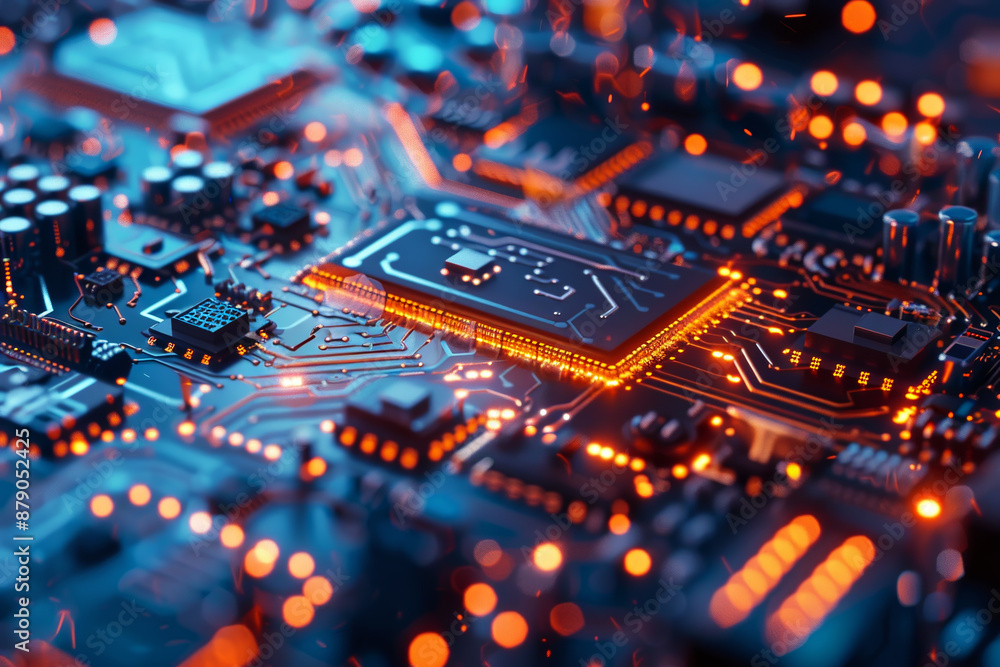 Poster a close up of a computer chip with a blue background