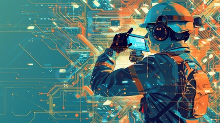 digital illustration of an engineer using tablet