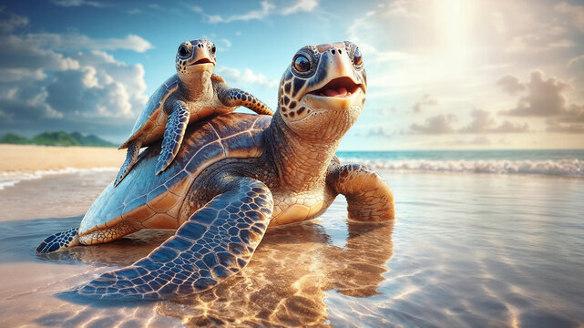 Sea turtle and cute baby turtles Having fun on the beach, sea background and beautiful nature.