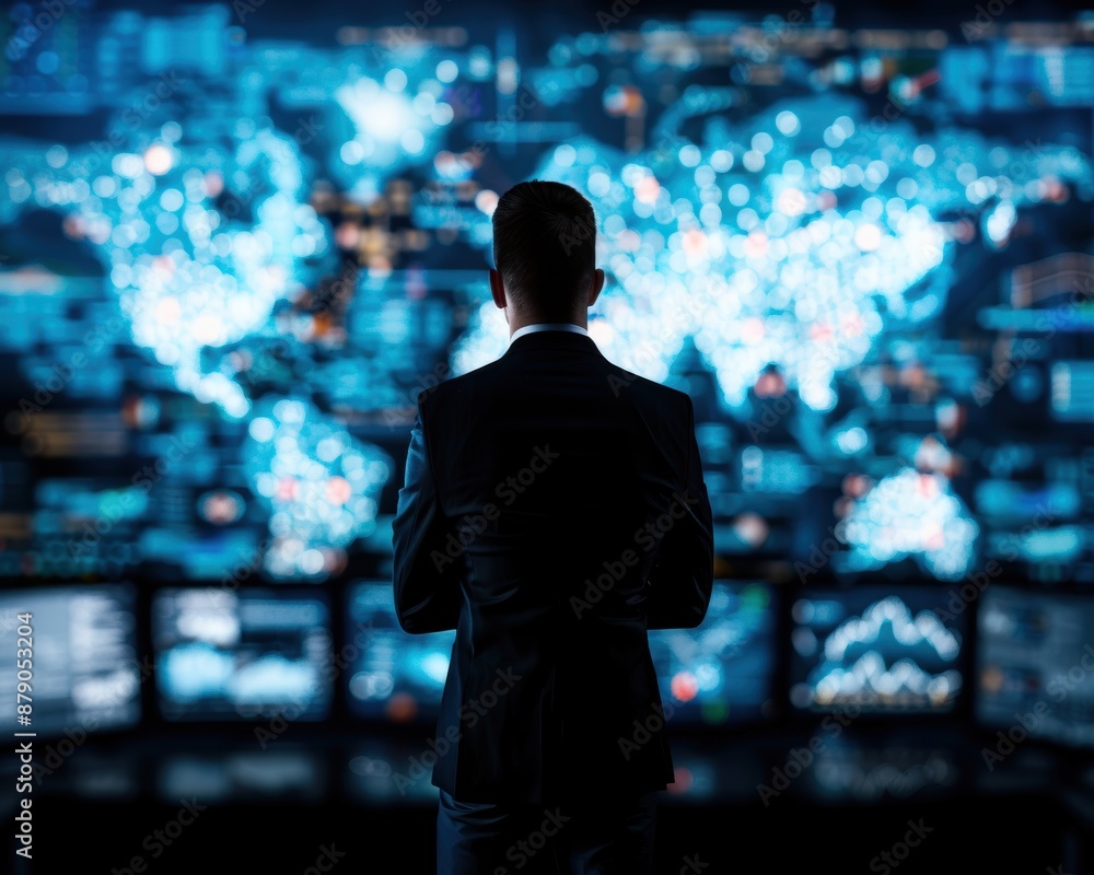 Aufkleber a man in a suit stands in front of a computer monitor displaying a map of the world. the man is focu