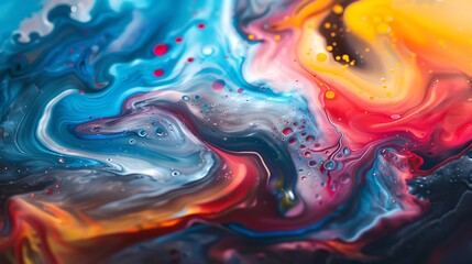 A whirlwind of vibrant hues dances across a textured canvas, merging with playful liquid swirls to create an enchanting visual spectacle.