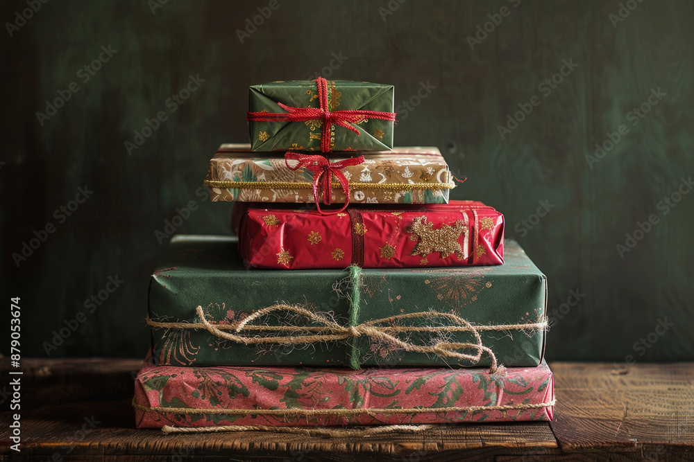 Poster a stack of presents with a green box on the bottom and a red box on top