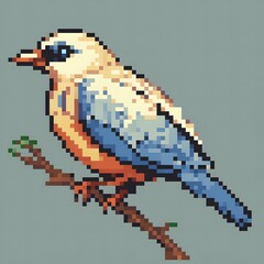 Fototapeta premium 白と青の鳥単体と止まり木のドット絵イラスト
