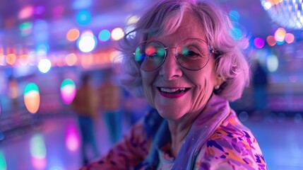 Joyful Senior Woman Dancing at Roller Disco with Twinkle in Eye and Flowing Silver Hair