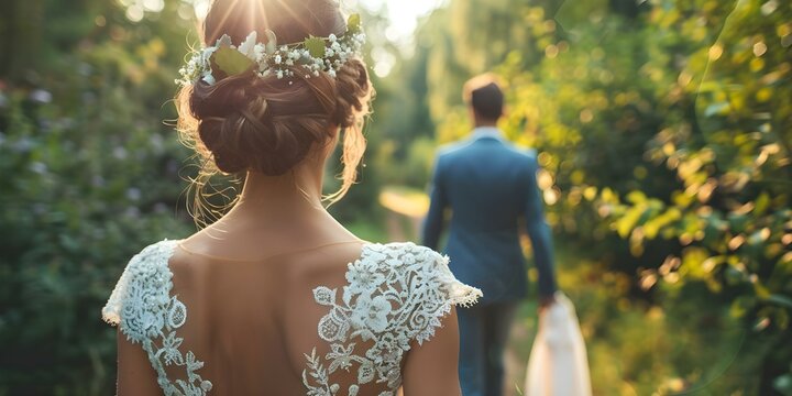 Intimate outdoor wedding with bride walking towards groom in romantic setting. Concept Intimate Wedding, Outdoor Ceremony, Romantic Setting, Bride Walking, Groom Waiting