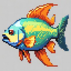Fototapeta premium カラフルな魚単体のドット絵イラスト