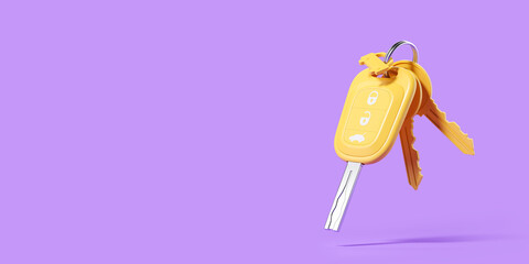 Yellow car key not on purple background. Renting or buying a car. Mock up. 3d rendering