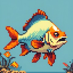 Fototapeta premium カラフルな魚単体と背景のドット絵イラスト