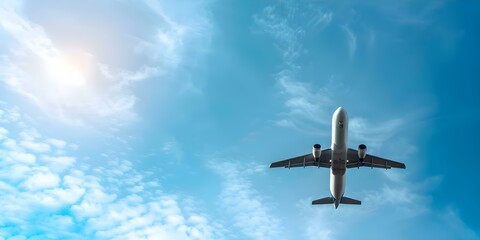 Naklejka premium Promoting Sustainable Aviation Practices Commercial Airplane Soaring Through Clouds. Concept Sustainable Aviation, Commercial Airplanes, Clouds, Eco-Friendly Practices