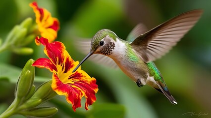 Fototapeta premium Hummingbird Hovering Over Beautiful Flower