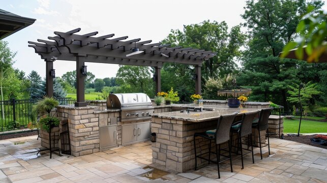 An outdoor kitchen with a built-in grill, stone countertops, and a pergola, perfect for enjoying meals in the fresh air.