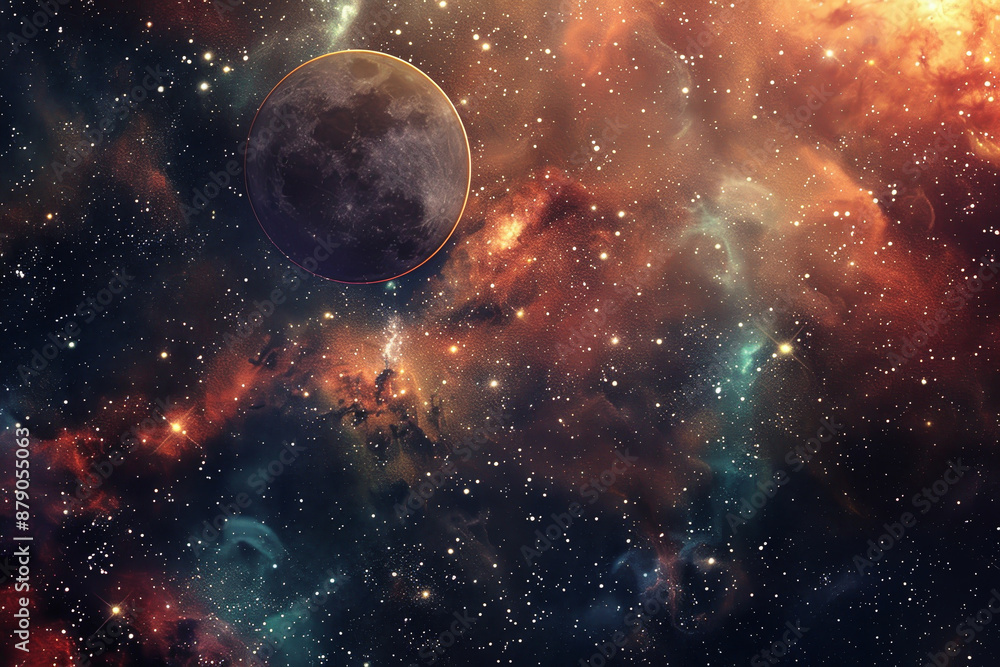 Poster a colorful space scene with a large planet and a moon