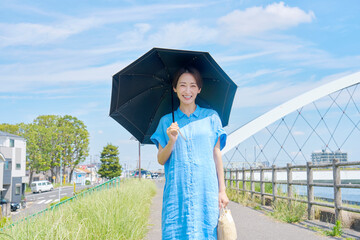 屋外で日傘を差した笑顔の女性