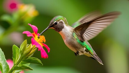 Obraz premium Hummingbird Hovering Over Beautiful Flower