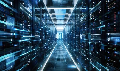 Fototapeta premium Corridor in a working data center full of server racks with blue illuminated data connections.