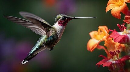 Naklejka premium Hummingbird Hovering Over Beautiful Flower